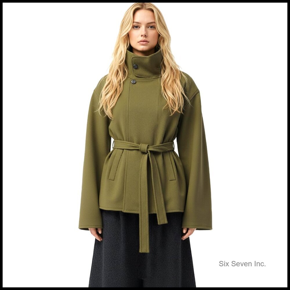 Cropped Trench Coat Funnel Neck Wool Jacket Belted Pea Coat